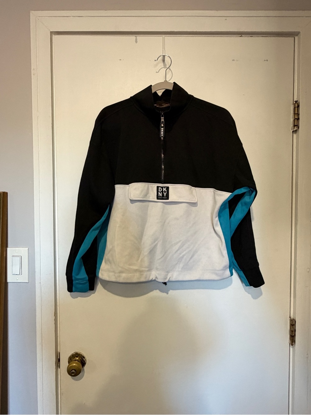 DKNY Black White and Teal Colorblock Quarter-Zip Pullover